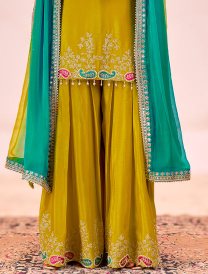 Yellow Readymade Party Wear Salwar Kameez Chinnon Suit, Palazzo, Dupatta