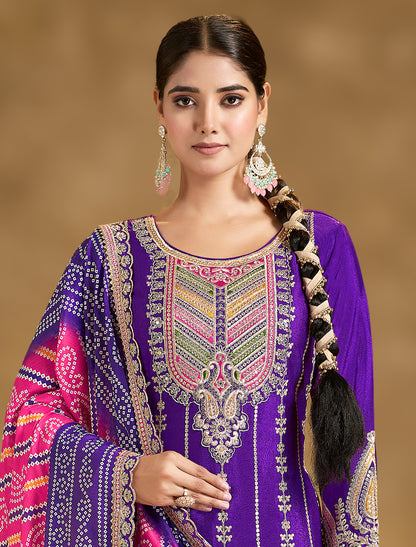 Premium Chinnon Suit with Handmade Mirror Dabka Work – Up to 48 Size