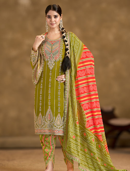 Designer Chinnon Readymade Suit Set with Tulip Pant – Free Size