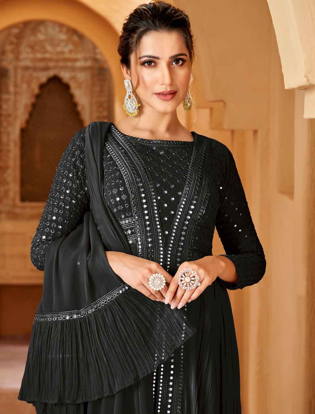 Black Designer Ethnic Georgette Mirror Work Suits