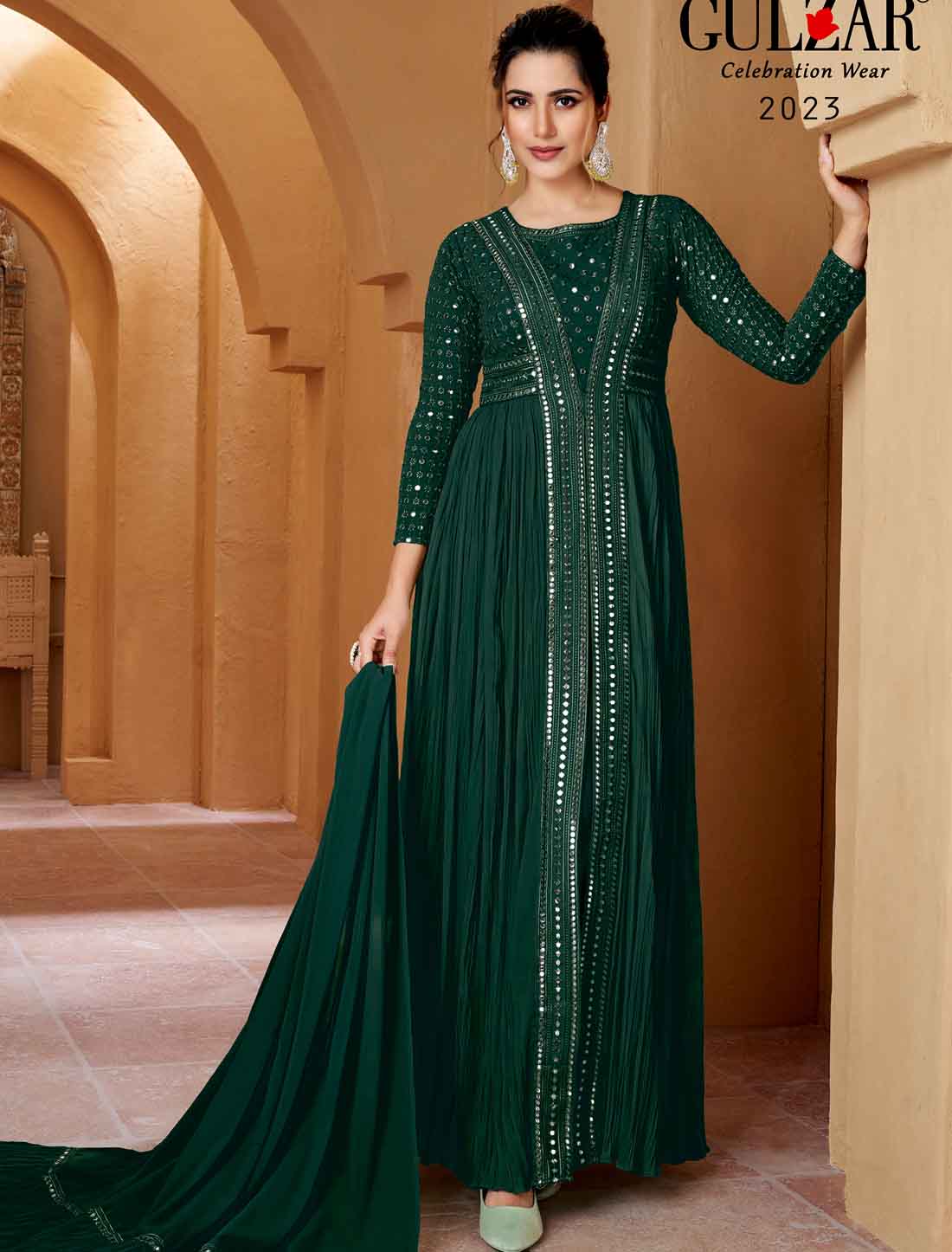 Green Ethnic Georgette Mirror Work Designer Style Suits