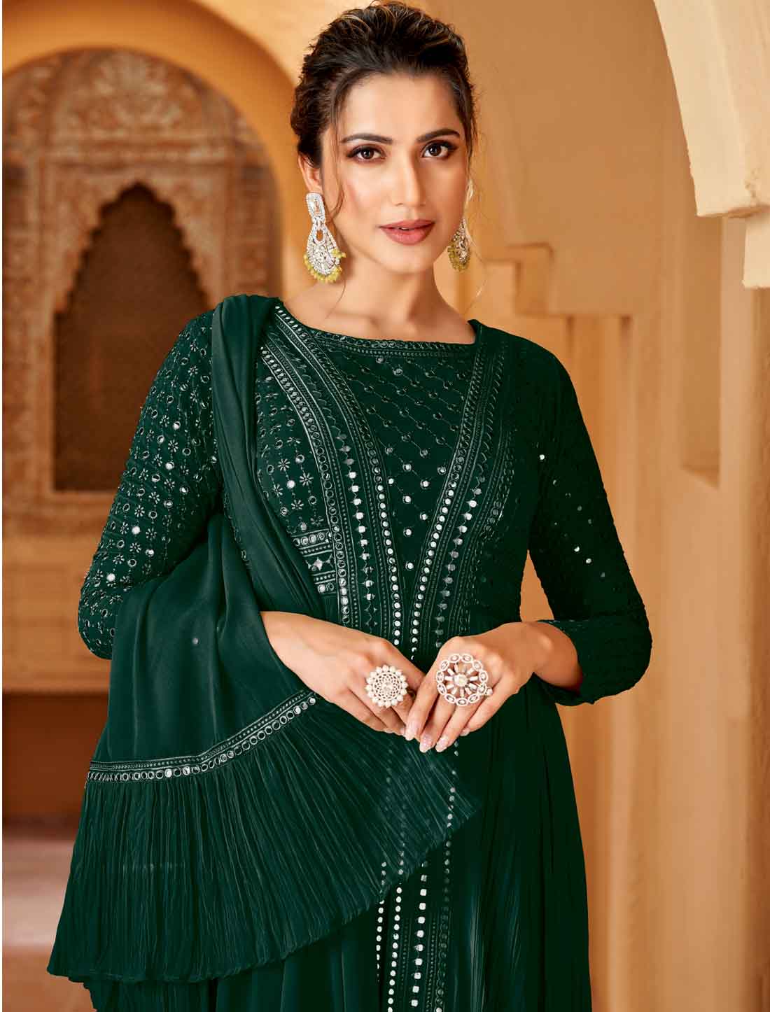 Green Ethnic Georgette Mirror Work Designer Style Suits