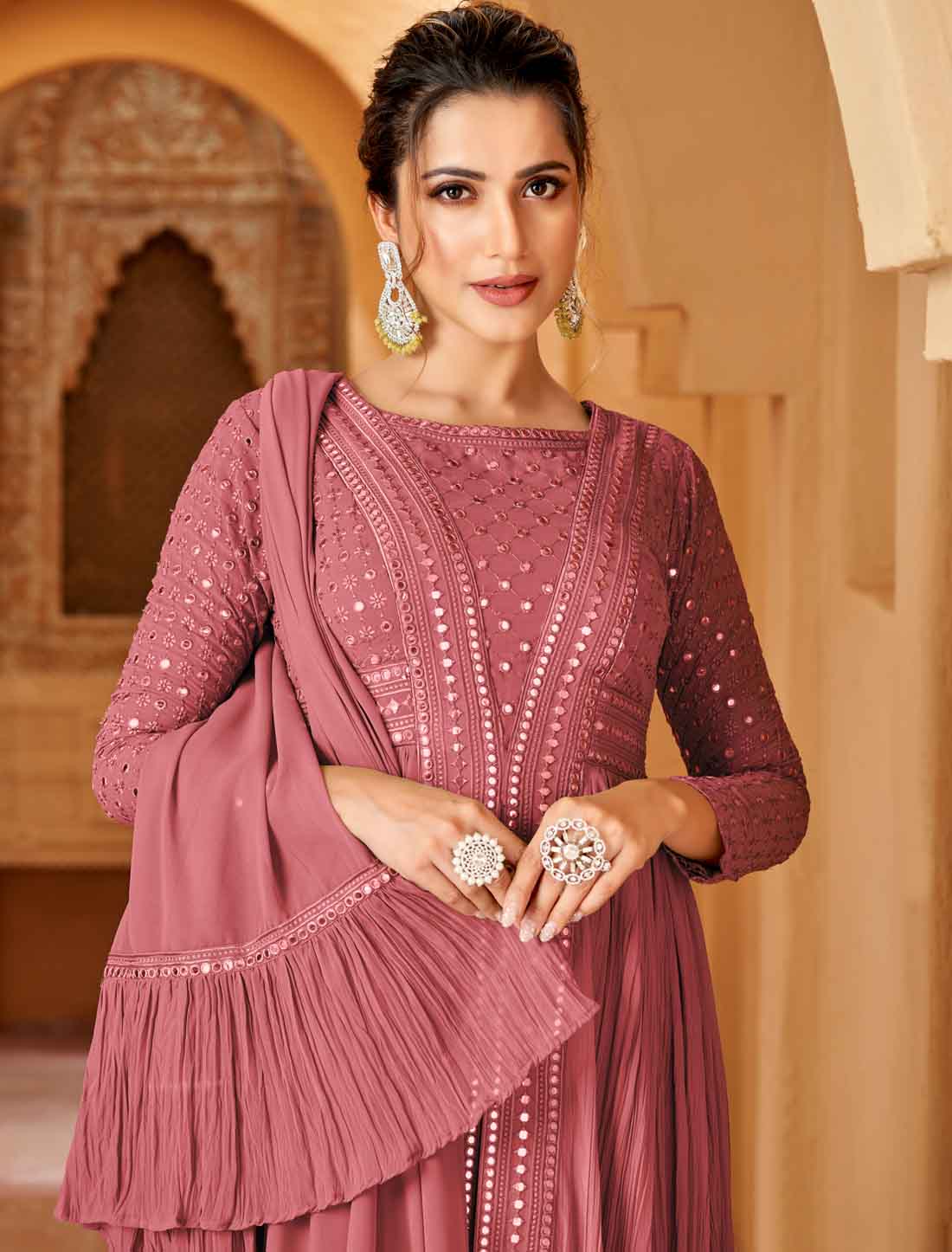 Pink Ethnic Real Georgette Mirror Work Designer Suits