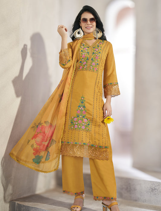 Yellow Freesize Stitched Readymade Dress with Pearl Handwork