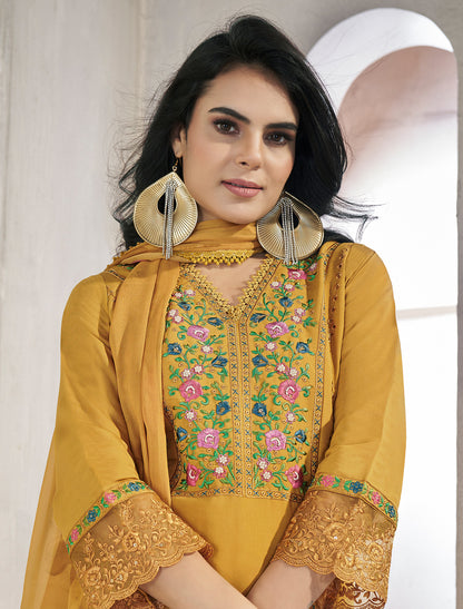 Yellow Freesize Stitched Readymade Dress with Pearl Handwork