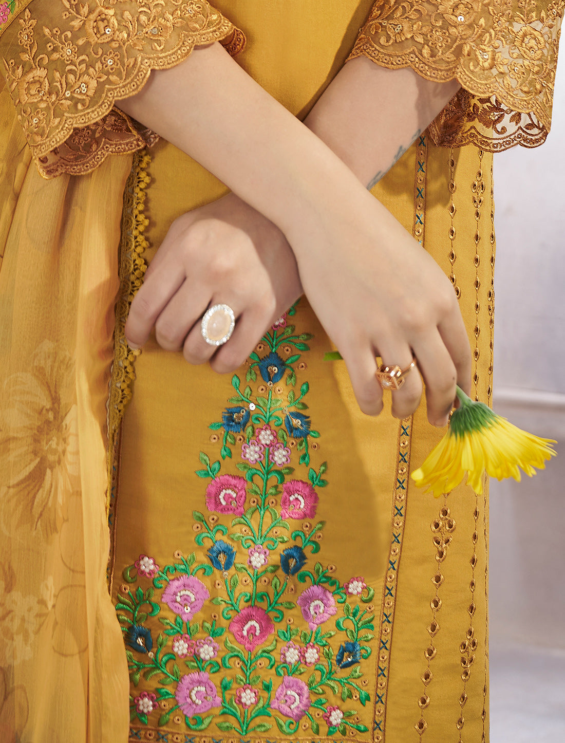 Yellow Freesize Stitched Readymade Dress with Pearl Handwork