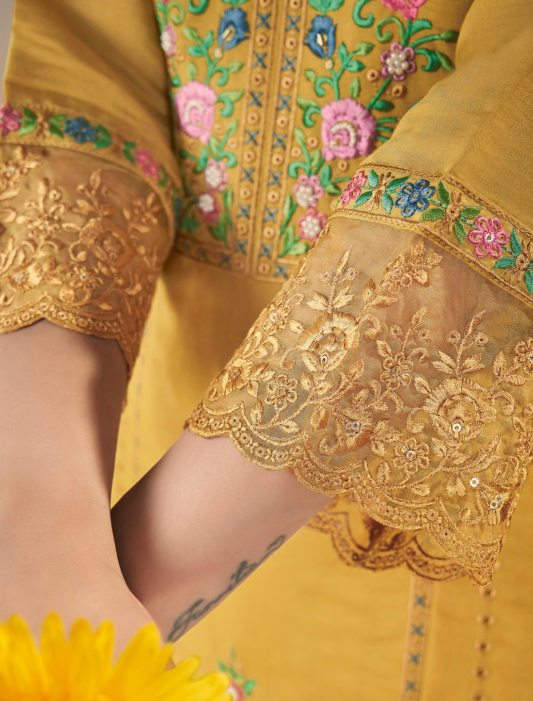 Yellow Freesize Stitched Readymade Dress with Pearl Handwork