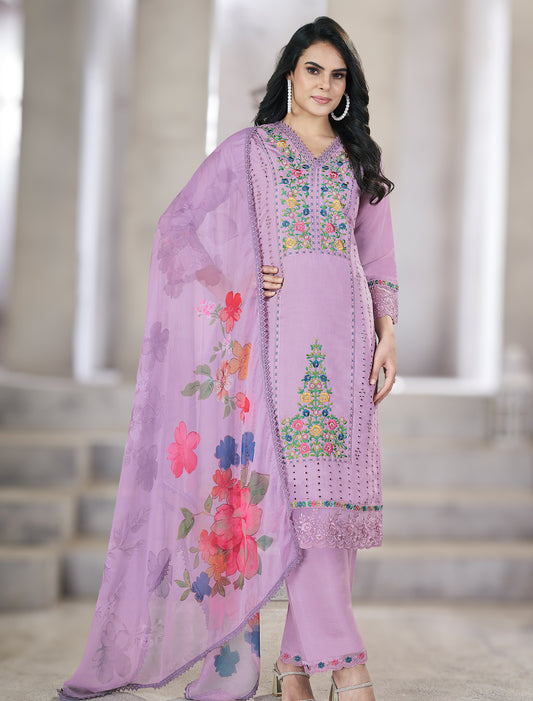 Lavender Elegant Roman Silk Top with Resham Pearl Work