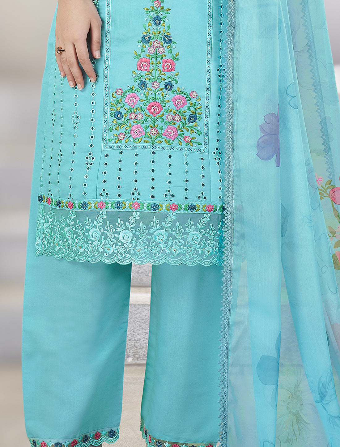 Blue Readymade Freesize Outfit with Chiffon Dupatta