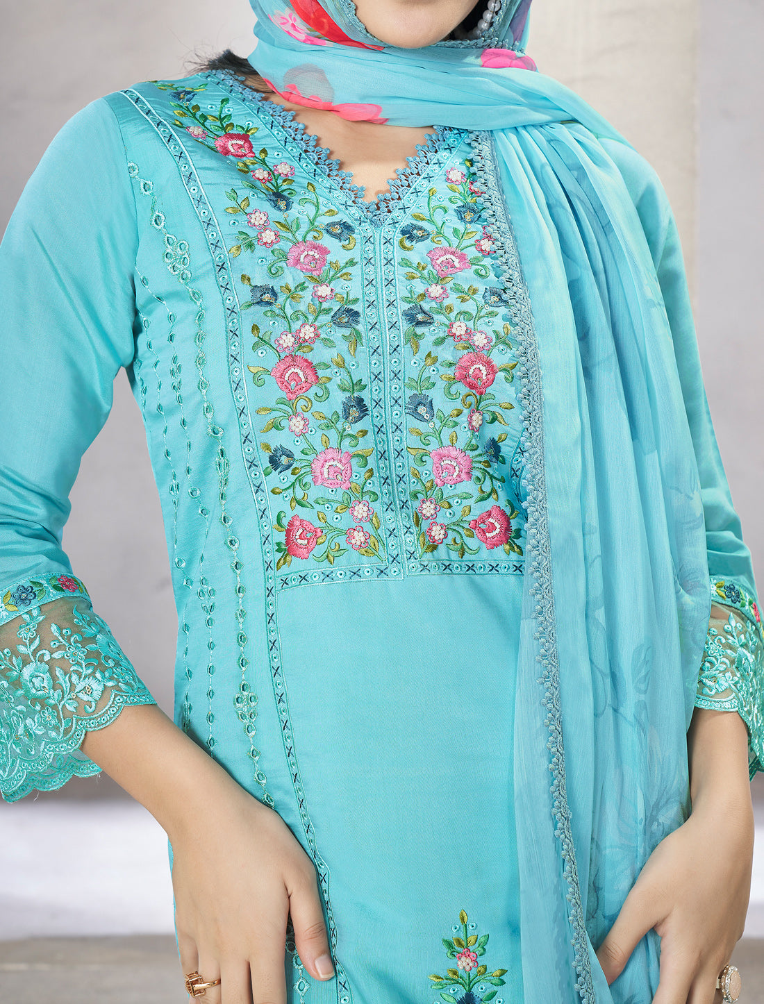 Blue Readymade Freesize Outfit with Chiffon Dupatta