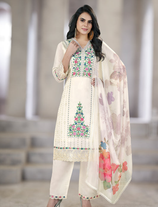 OFF White Festive Wear Freesize Suit with Embroidered Pant