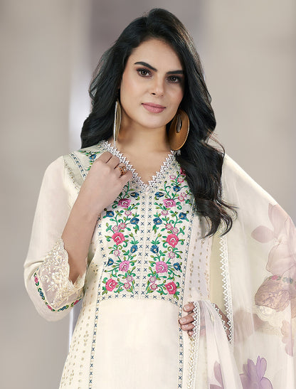 OFF White Festive Wear Freesize Suit with Embroidered Pant