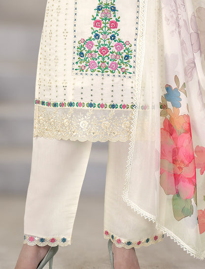 OFF White Festive Wear Freesize Suit with Embroidered Pant