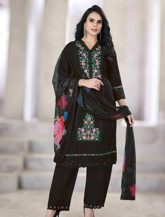 Black Premium Roman Silk Suit with Handcrafted Work