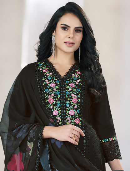 Black Premium Roman Silk Suit with Handcrafted Work