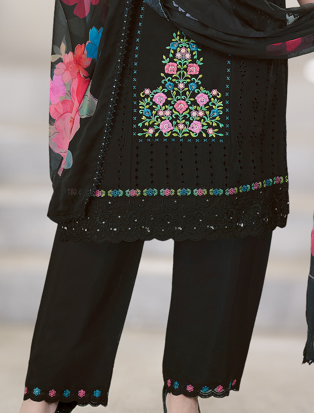 Black Premium Roman Silk Suit with Handcrafted Work