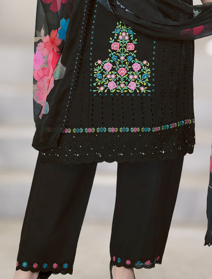 Black Premium Roman Silk Suit with Handcrafted Work