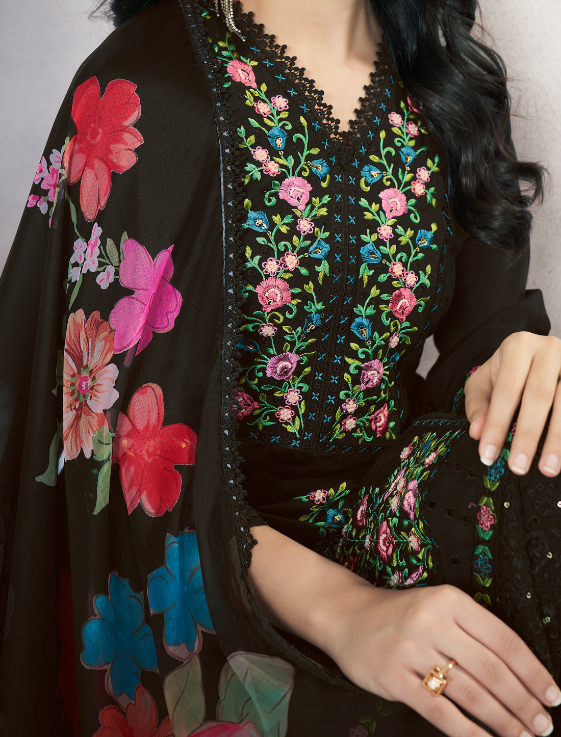 Black Premium Roman Silk Suit with Handcrafted Work