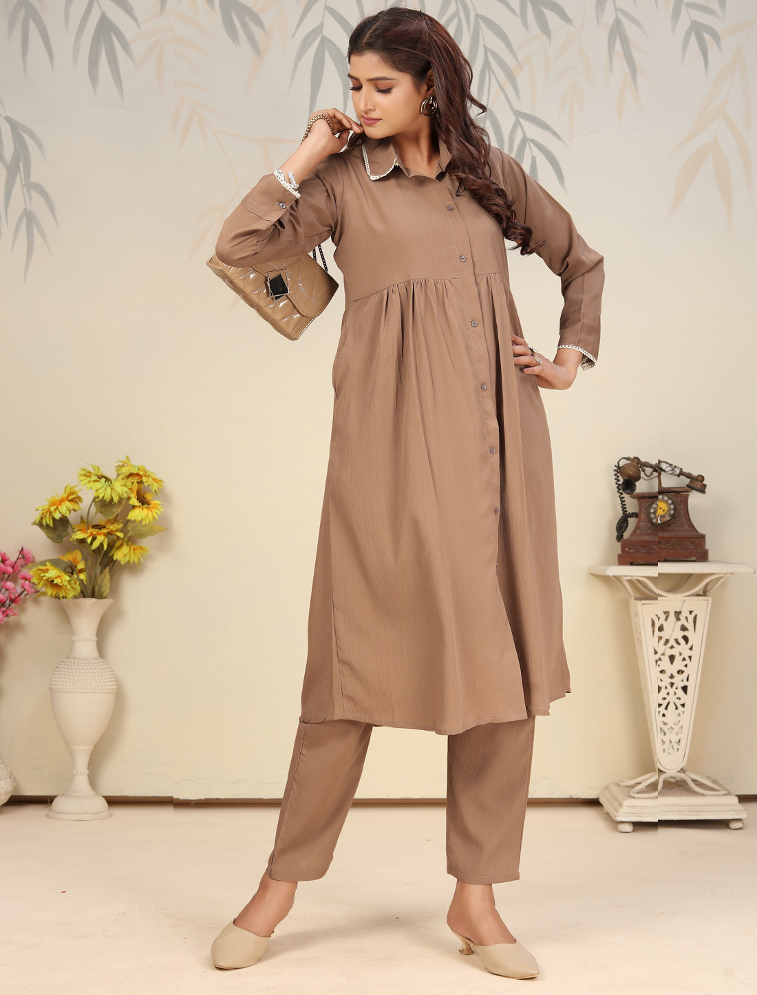 Ethnic Brown Cotton Top with Pants
