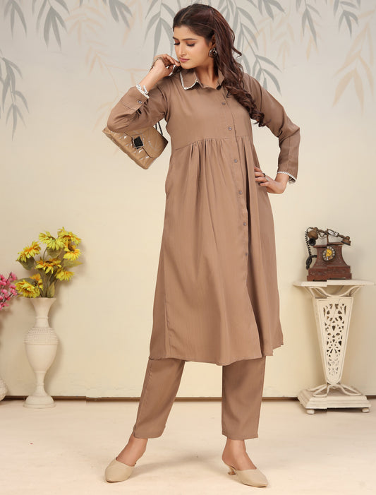 Ethnic Brown Cotton Top with Pants