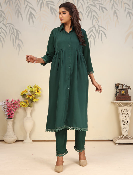 Bottle Green Cotton Ethnic Top with Pants