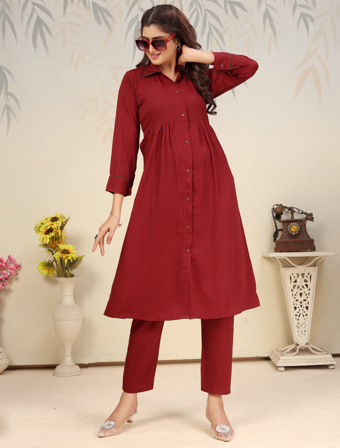 Maroon Ethnic Cotton Kurta Sets For Women
