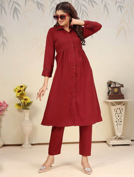 Maroon Ethnic Cotton Kurta Sets For Women