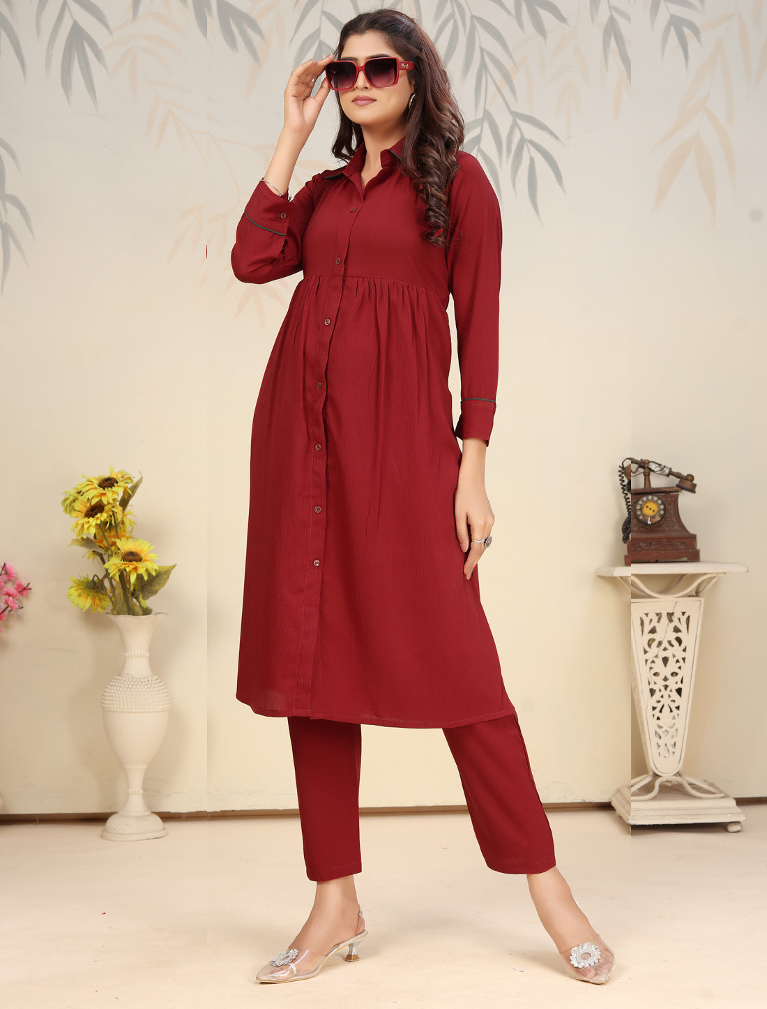 Maroon Ethnic Cotton Kurta Sets For Women