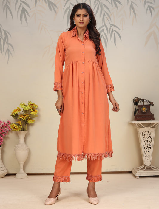 Orange Ethnic Cotton Top With Pant Kurta Sets