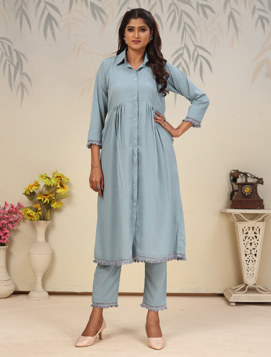 Sky Blue Ethnic Cotton Top with Pant Kurta Sets