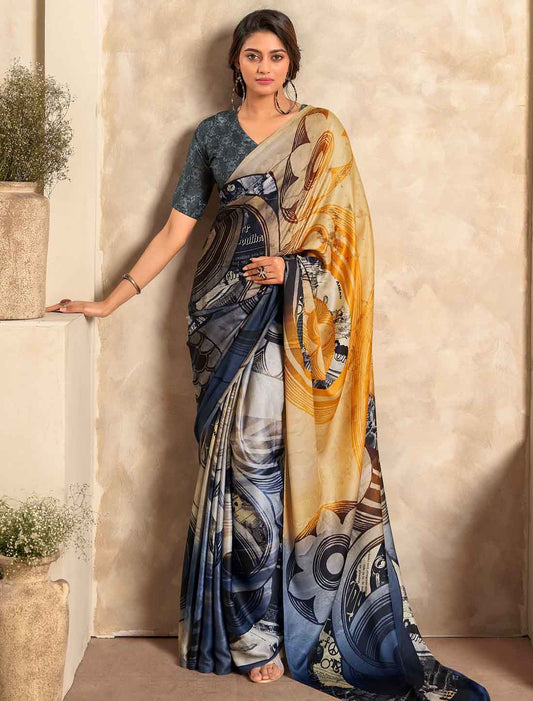 Ethnic Satin Crepe Abstract Print Casual Saree