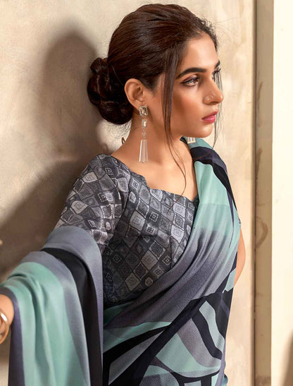 Satin Crepe Abstract Print Ethnic Casual Saree