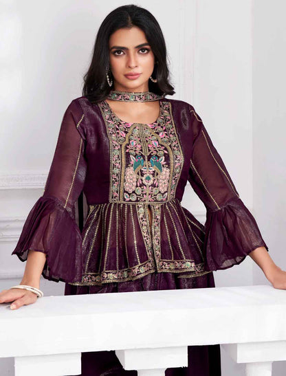Wine Fancy Shimmer Georgette Ethnic Crop Top with Sharara An Choli