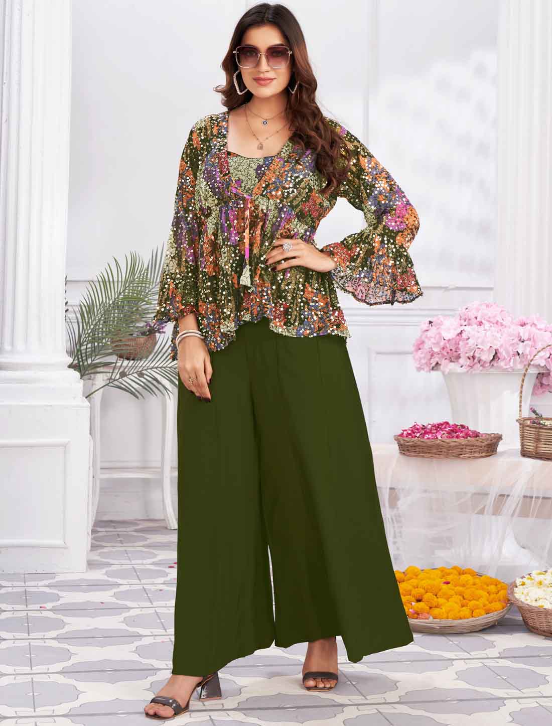 Elevate Georgette & Fancy Ethnic Crop Top with Sharara & Choli