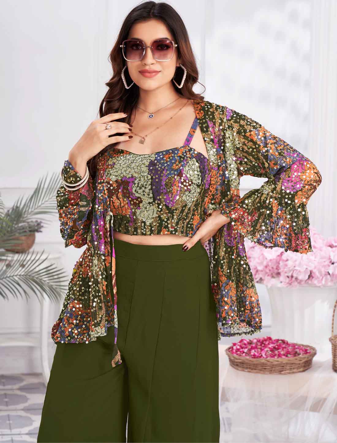 Elevate Georgette & Fancy Ethnic Crop Top with Sharara & Choli