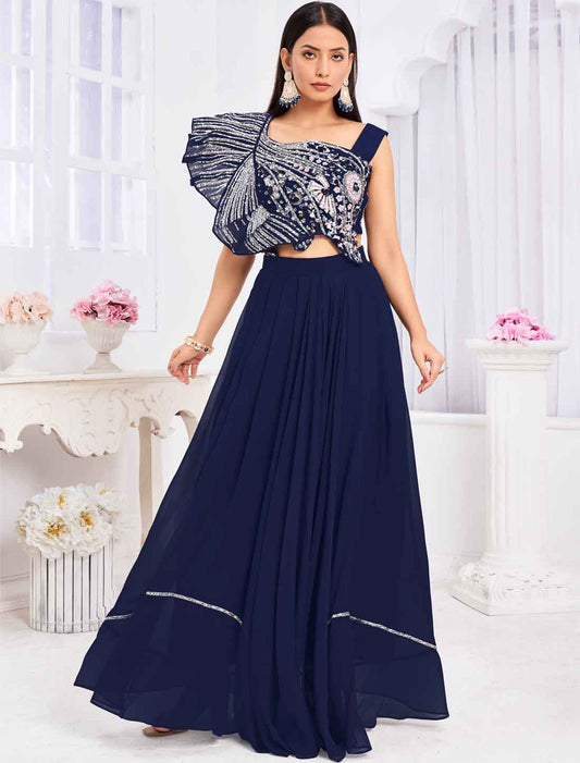 Elevate New Blue Georgette Ethnic Crop Top with Sharara & Choli