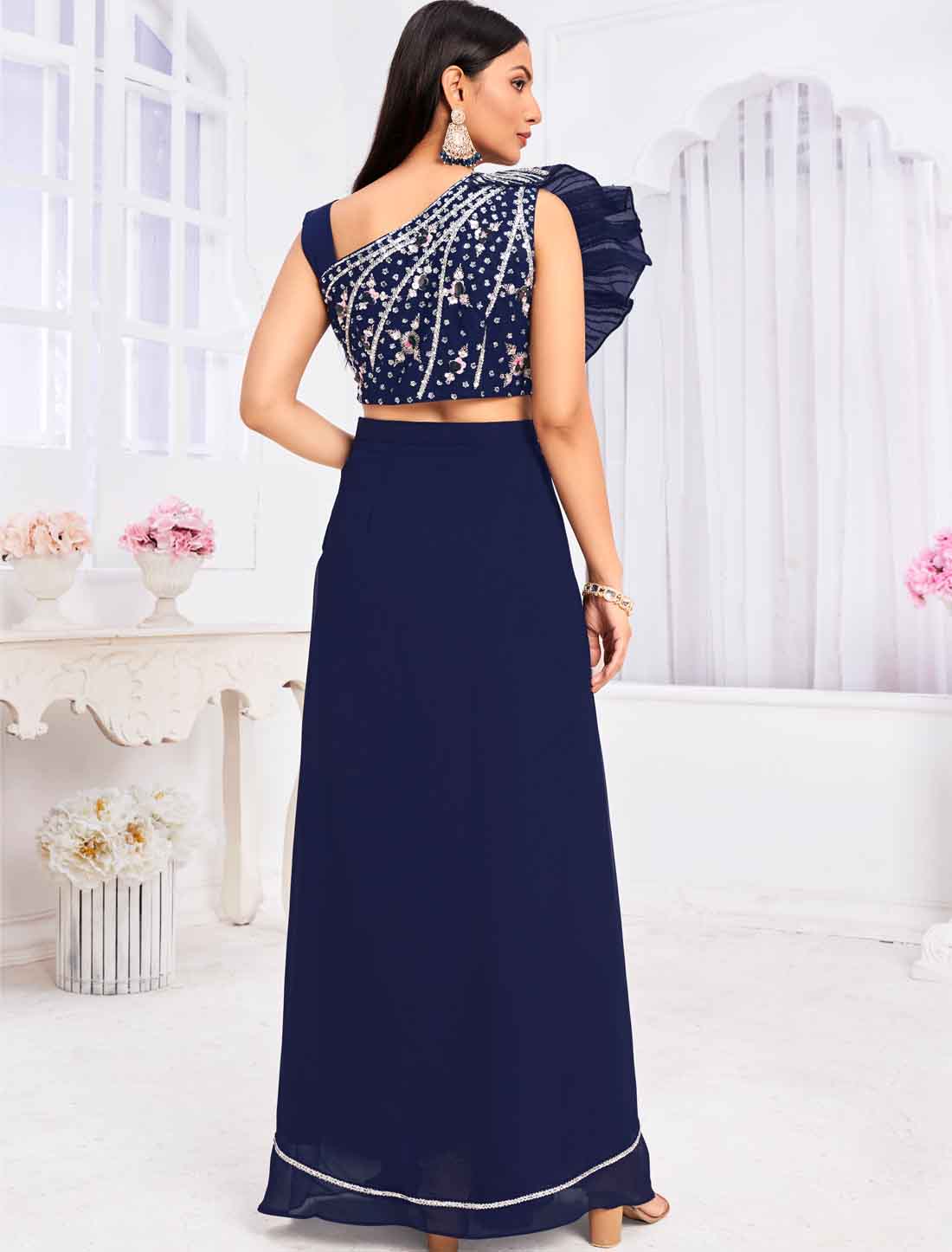 Elevate New Blue Georgette Ethnic Crop Top with Sharara & Choli