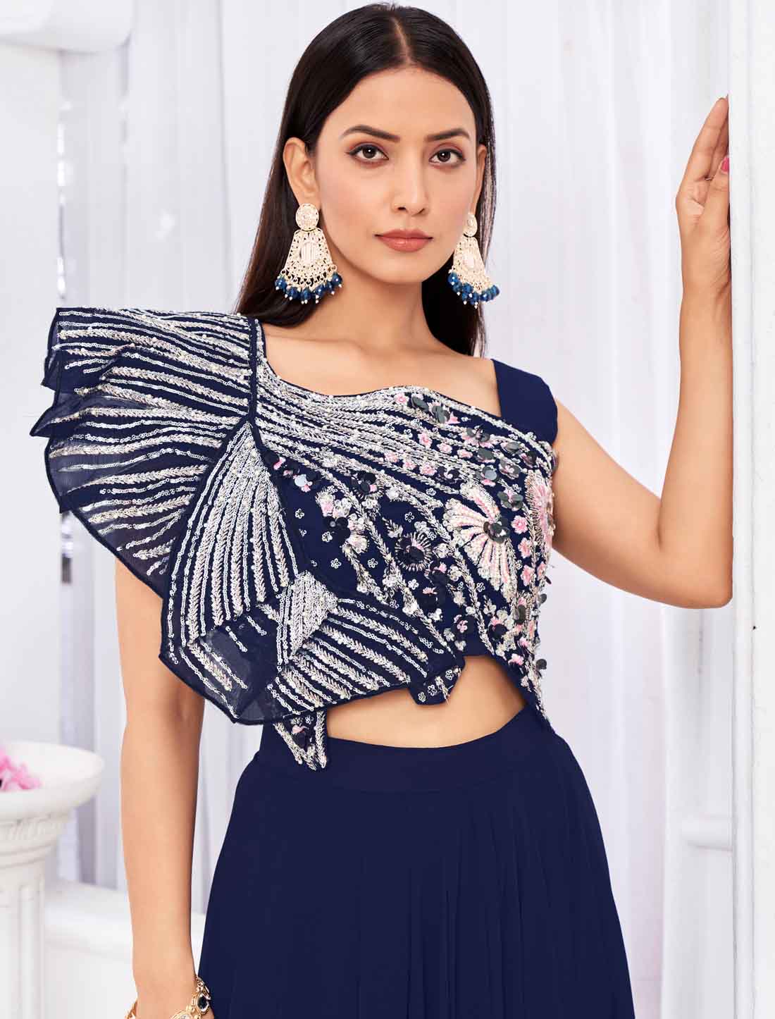 Elevate New Blue Georgette Ethnic Crop Top with Sharara & Choli