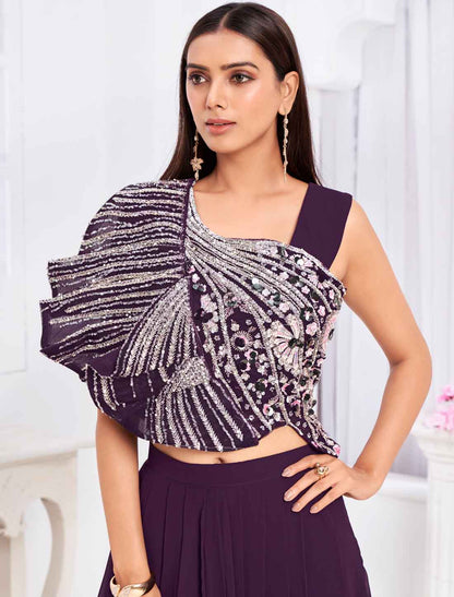Luxurious Wine Georgette Ethnic Wear Crop Top with Sharara & Choli