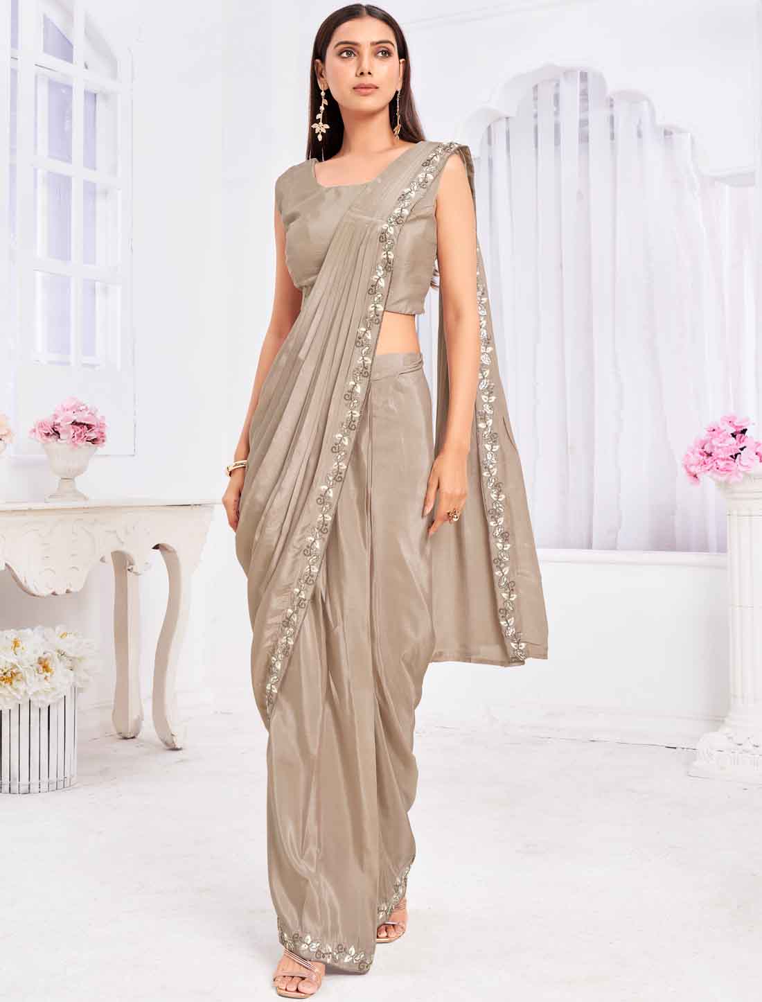 Ethnic Fusion Beige Tussar Silk Top An Saree Choli For Women