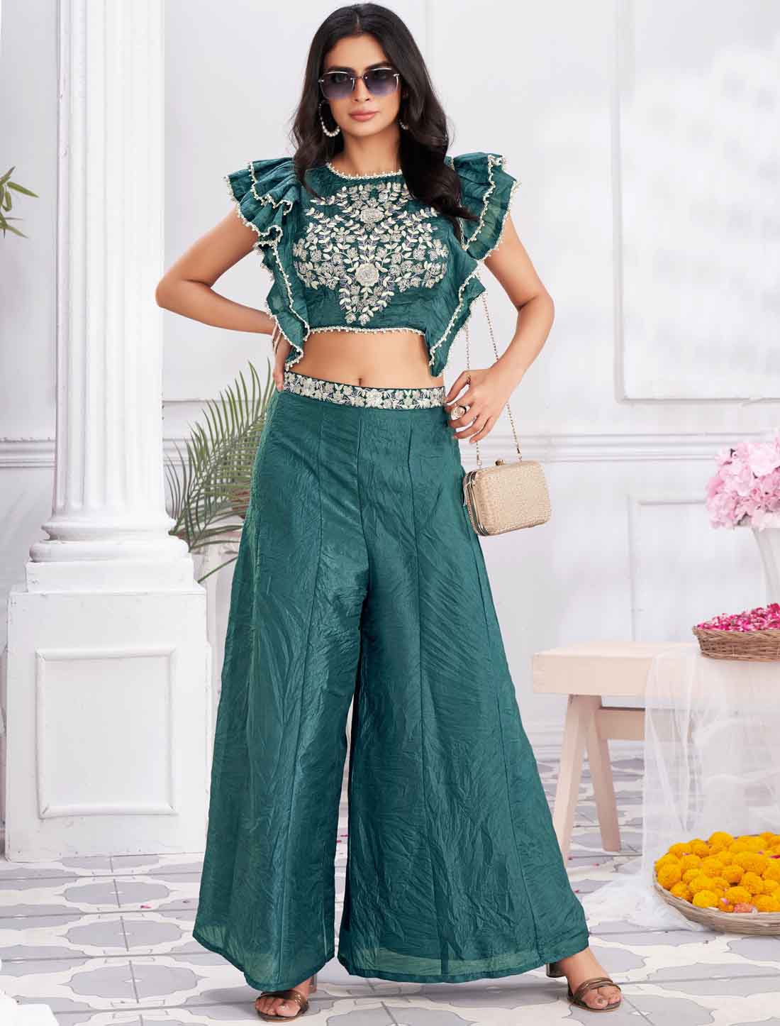 Blue Elegant Shimmer Georgette Fancy Crop Top with Sharara an Choli