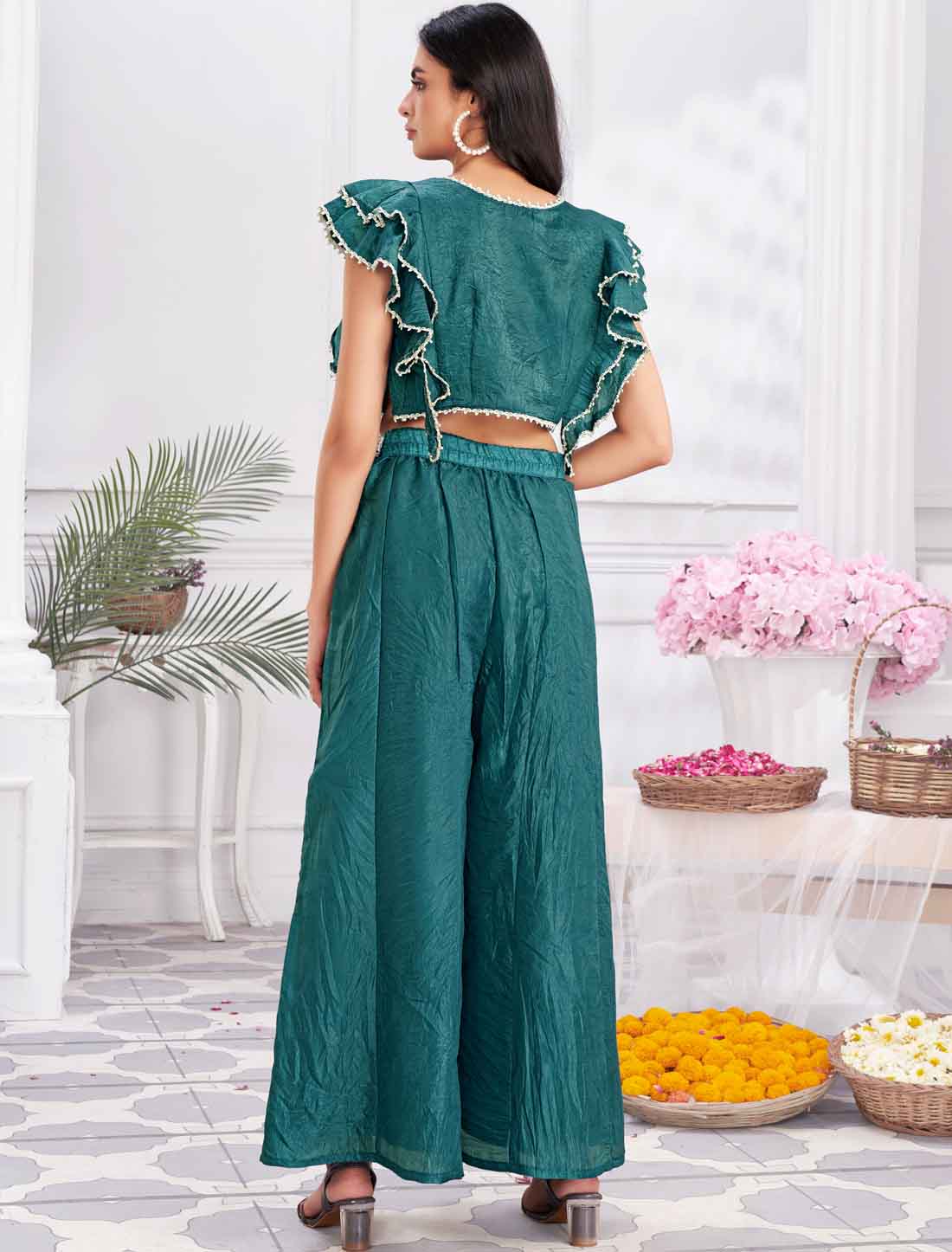 Blue Elegant Shimmer Georgette Fancy Crop Top with Sharara an Choli