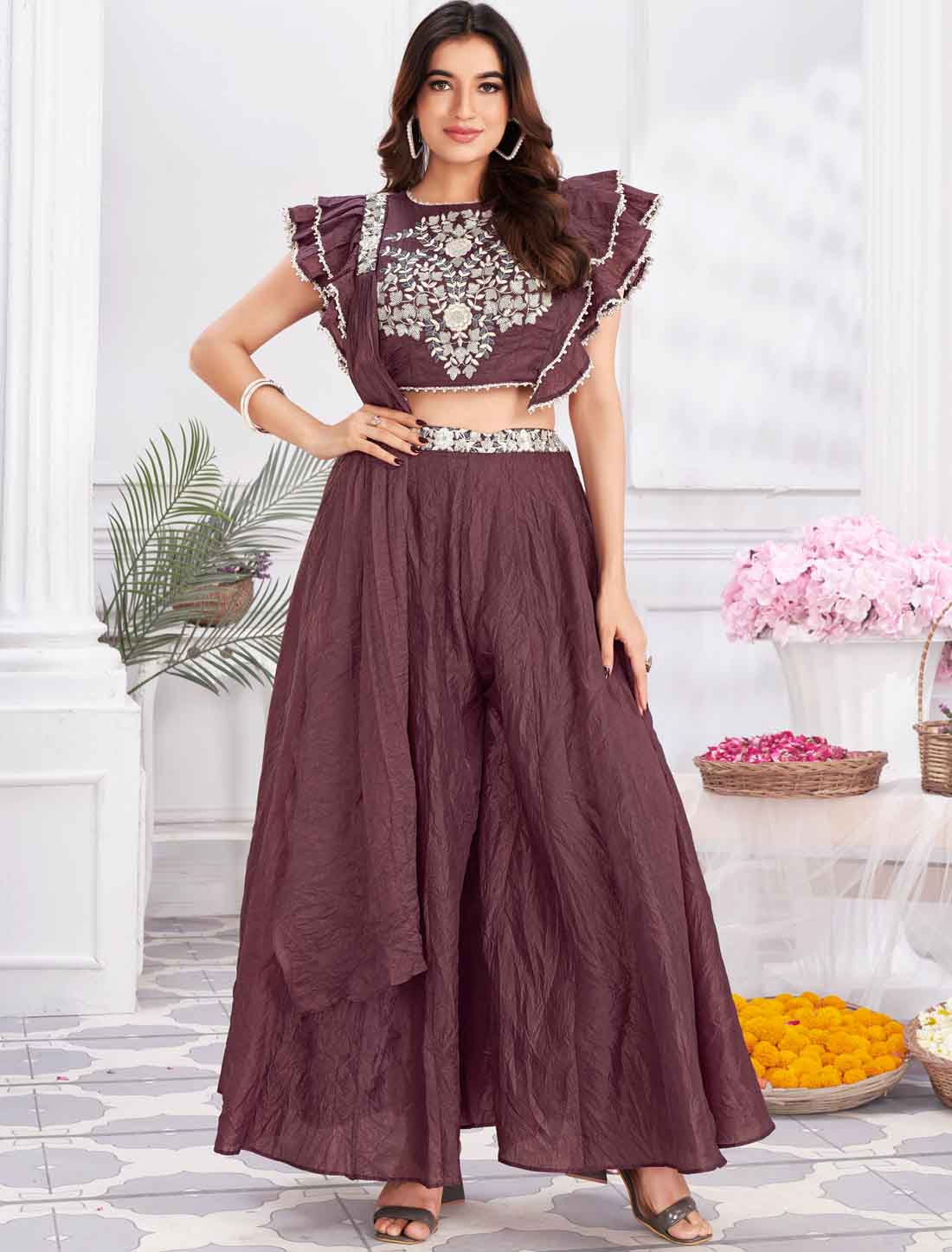 Ethnic Shimmer Georgette & Fancy Crop Top with Sharara & Choli