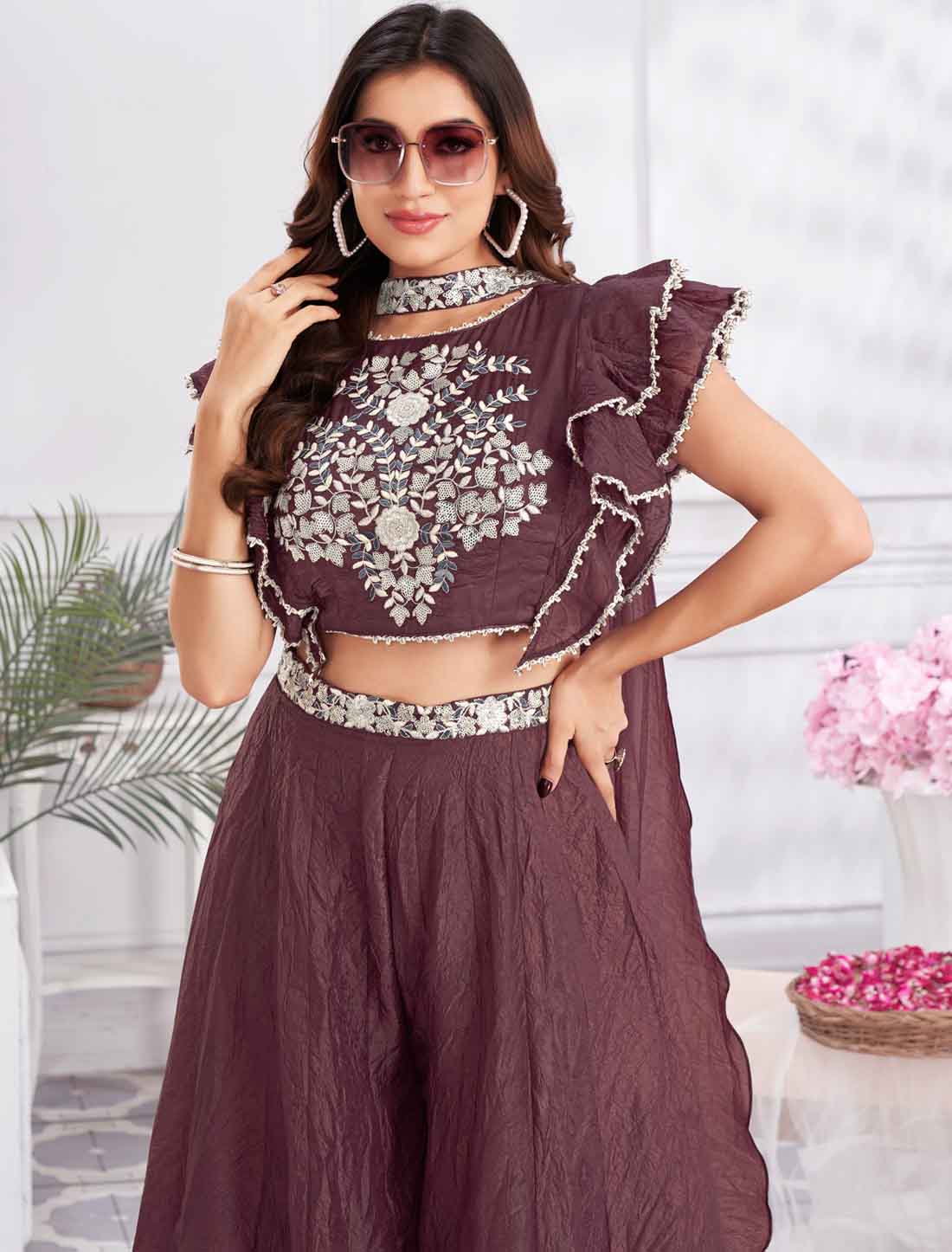 Ethnic Shimmer Georgette & Fancy Crop Top with Sharara & Choli