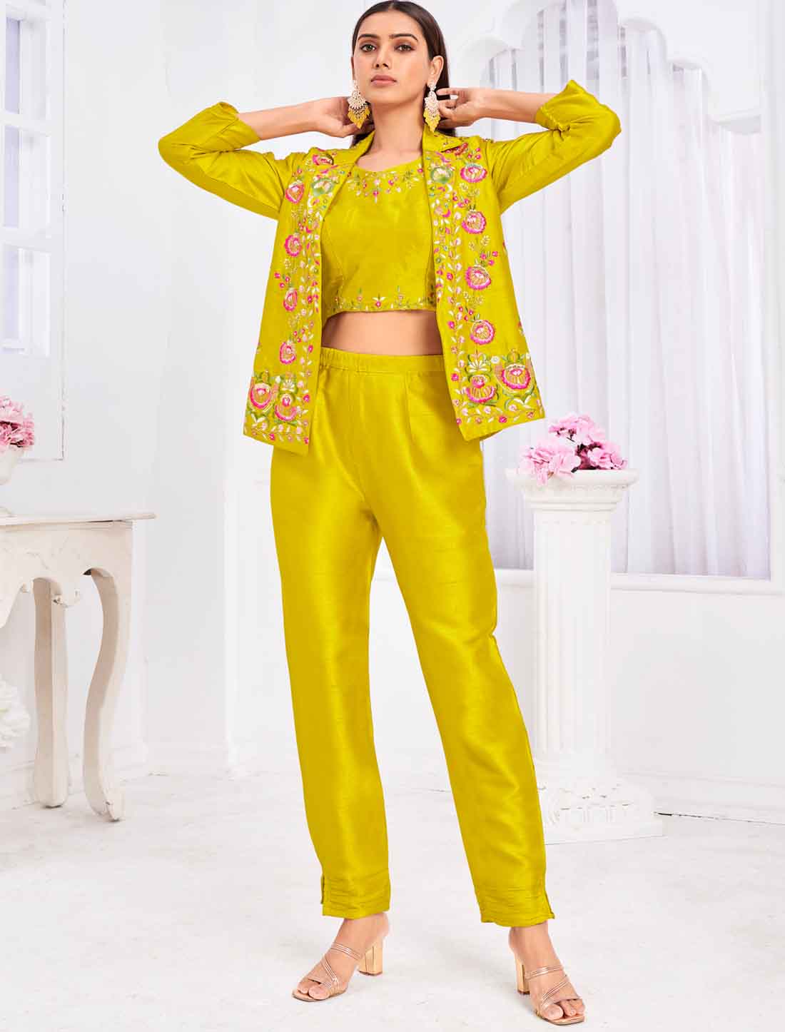 Discover Party Wear Tussar Silk Crop Top with Jacket an Choli & Pant