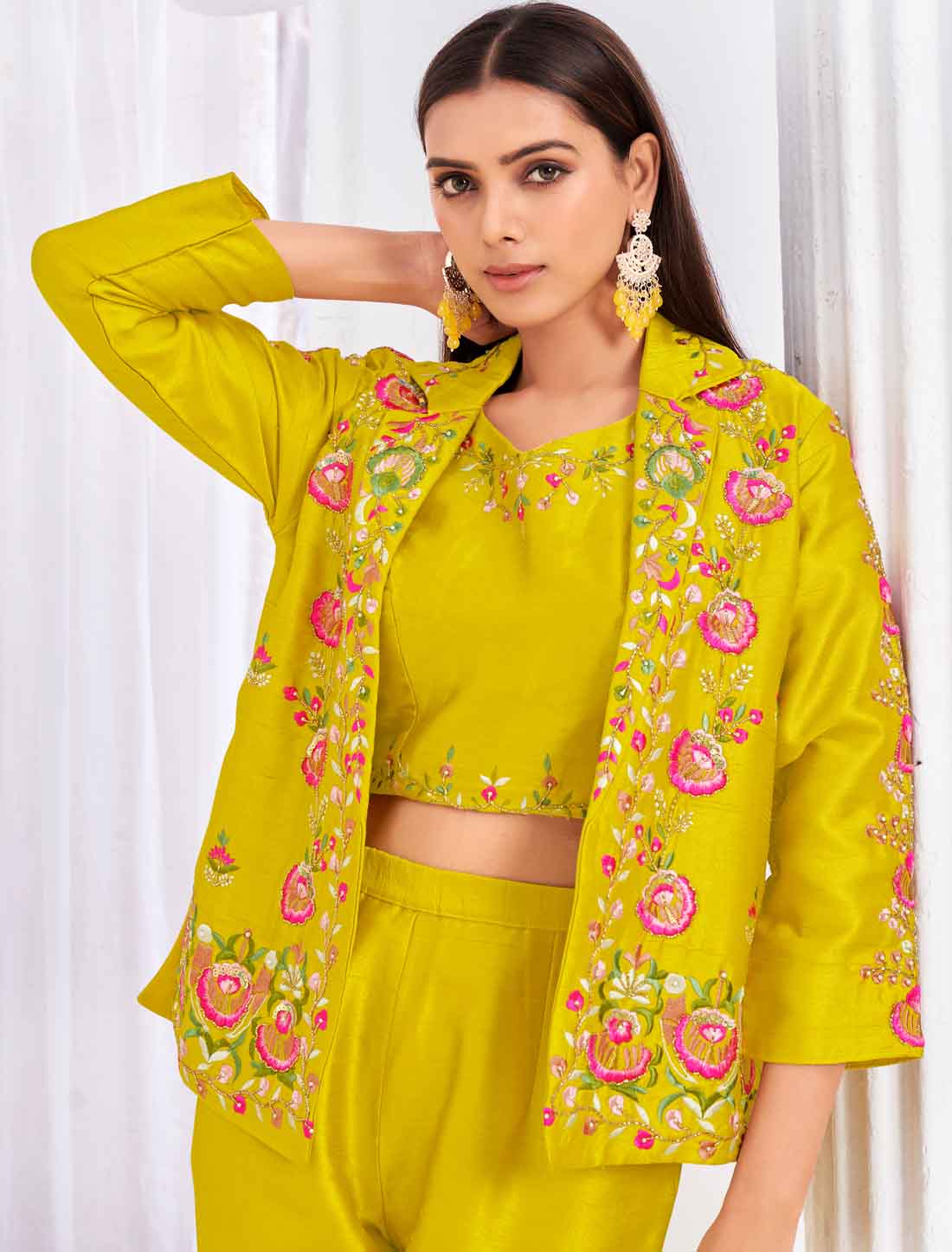 Discover Party Wear Tussar Silk Crop Top with Jacket an Choli & Pant