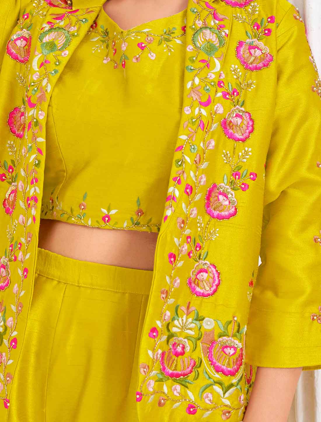 Discover Party Wear Tussar Silk Crop Top with Jacket an Choli & Pant