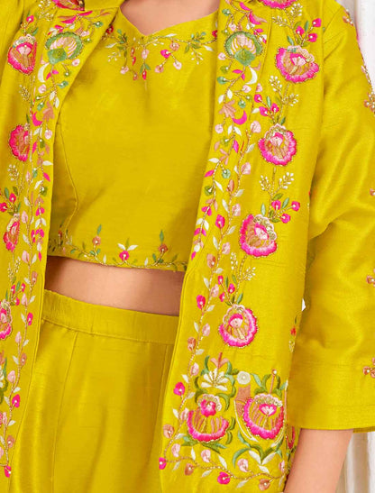 Discover Party Wear Tussar Silk Crop Top with Jacket an Choli & Pant