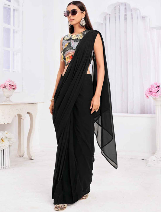 Black Georgette Ethnic Wear Embroidery Top with Saree & Choli