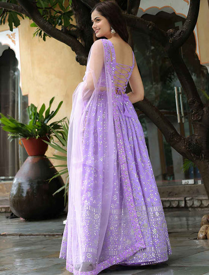 Lavender Georgette With Soft Net Embroidery Ethnic Lehenga Choli